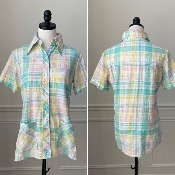 Vintage 70s Dagger Collar Collar Tunic Pastel Plaid M L - Picture 1 of 6